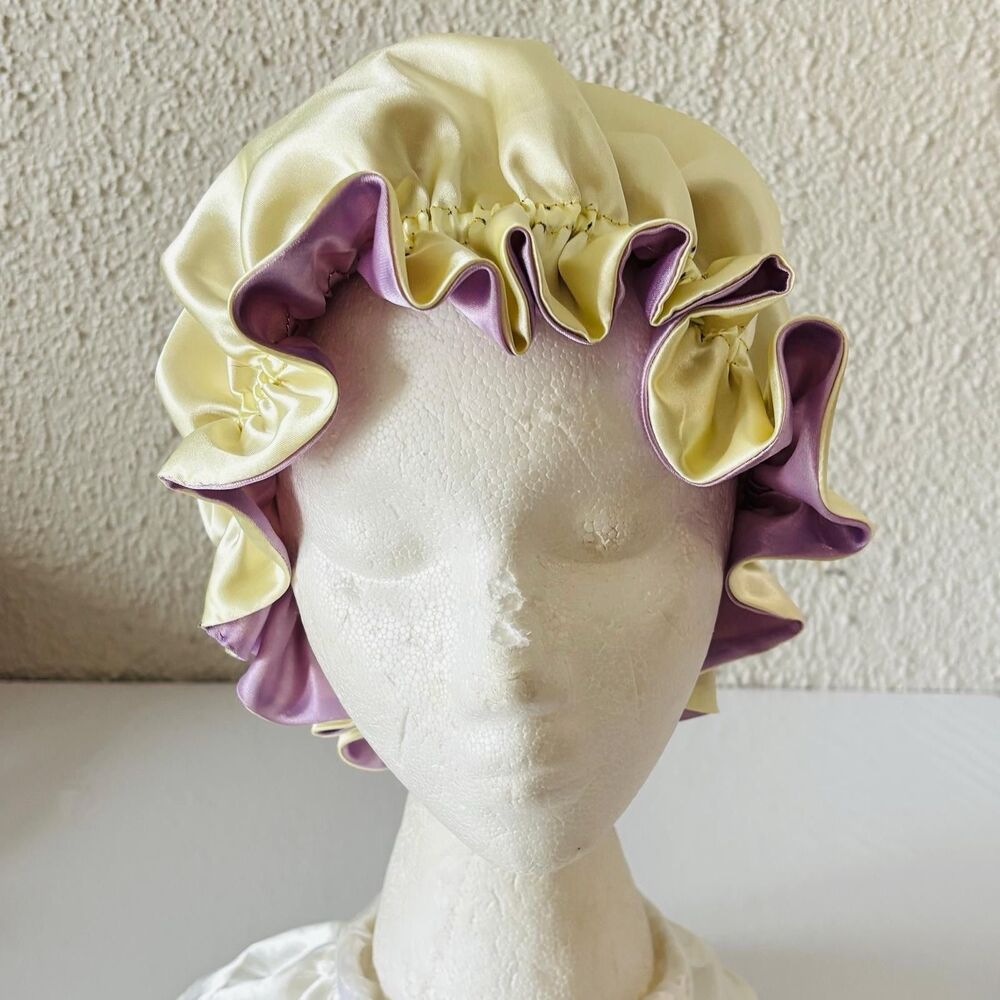 Reversible Satin Sleep Bonnet Hat – Purple & Yellow – Extra Large, Elastic Fit - Picture 13 of 16